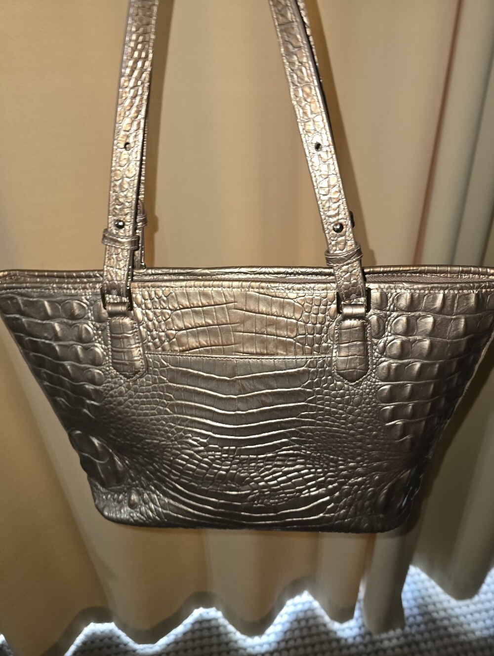 Brahmin Metallic Bronze Gold Croc Embossed Leather Large Tote Bag Tassel Charm - Picture 2 of 12